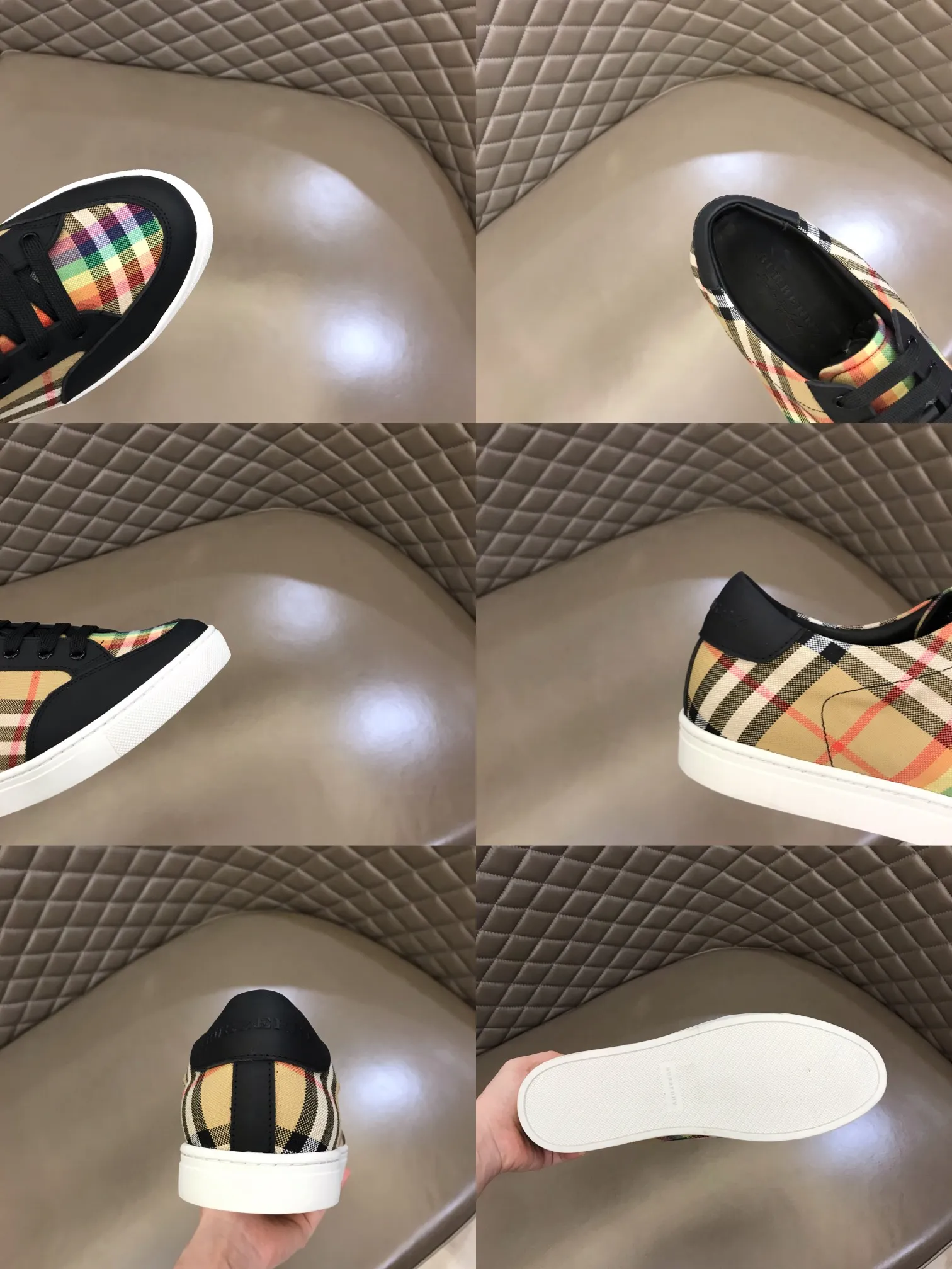p360 "BURBERR*" men's classic low-top sneakers are reinterpreted in Vintage checkered cotton and matte calfskin, decorated with a new brand logo. First-layer sheepskin lining, embossed Burberry logo on the heel, and original TPU outsole! Size: 38-44